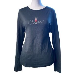 Y2K Rhinestone Bedazzled Champagne Black Top Large Cotton Baddie Wine Mom 2000s